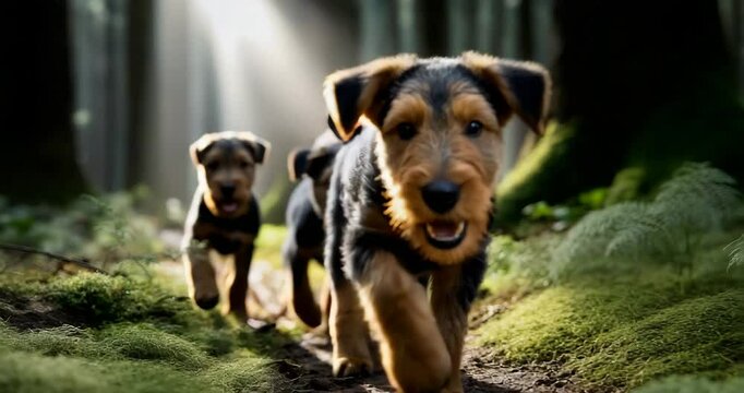 Airedale Puppies Play in Sunlit Forest