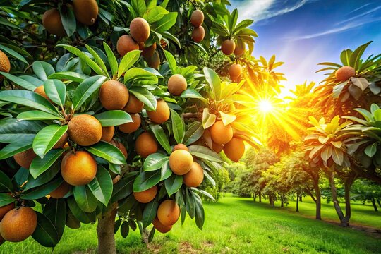 Aerial Drone Shot of Sapodilla Orchard, Ripe Sapodilla Fruit Trees, Tropical Fruit Farm, High-Angle View, Drone Photography, Sapodilla Plantation