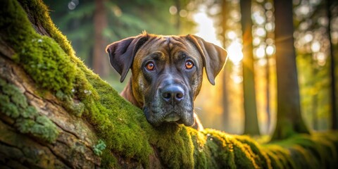 Brindle Boerboel Retriever Dog Peeking Over Tree Trunk - Fashion Photography