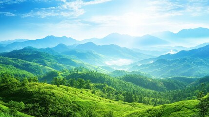 Fototapeta premium Lush green mountain range stretches under a vibrant sky.