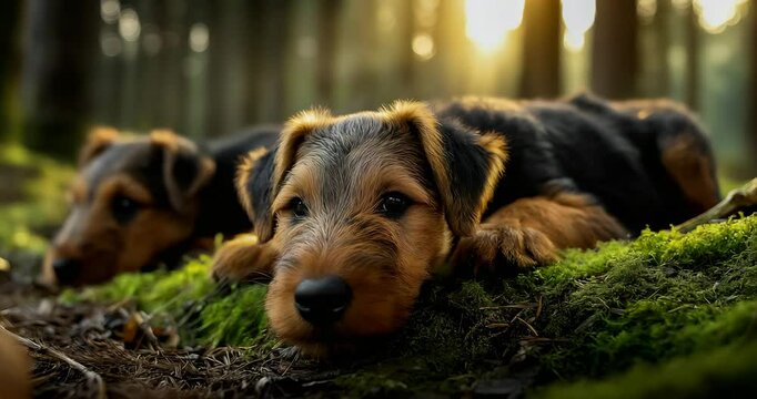 Airedale Puppies Stretch on Mossy Ground