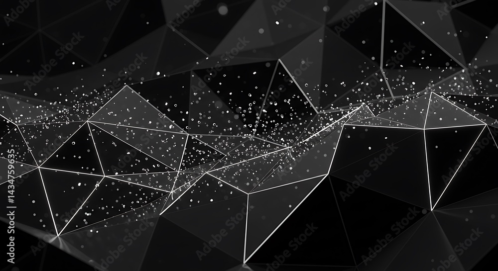 Poster abstract black and white polygon mesh with glittering particle overlay