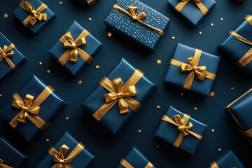 Naklejka premium A festive arrangement of navy blue gift boxes with gold ribbons.