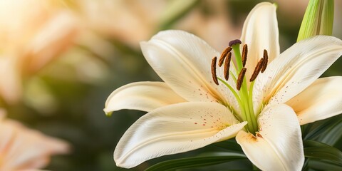 Obraz premium Close up of a Creamy White Lily Flower Blooming in a Garden Beautiful Floral Nature