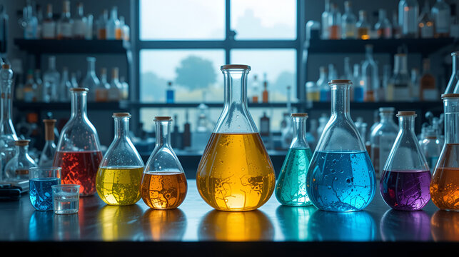 Lab setup with inorganic acids and bases, chemical substance, experiments with inorganic chemistry