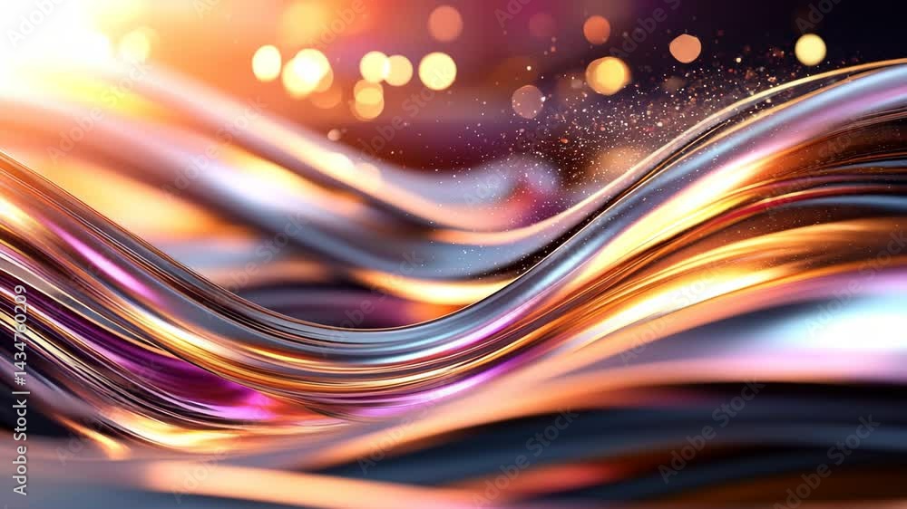 Poster colorful waves of light with shiny metallic texture and bokeh effects