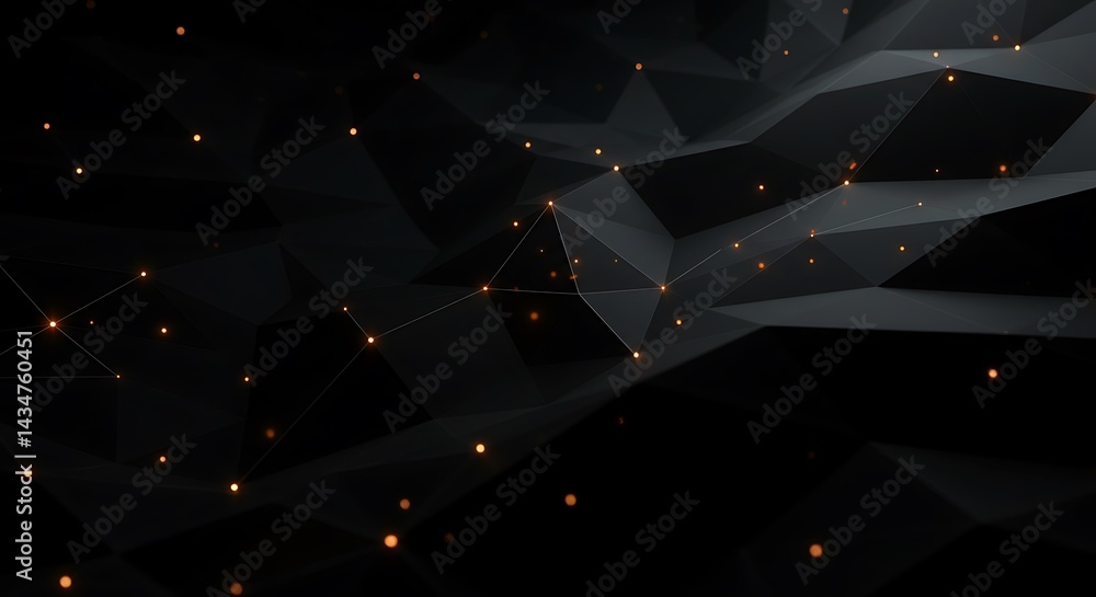 Poster abstract polygonal surface with glowing points and lines in dark space