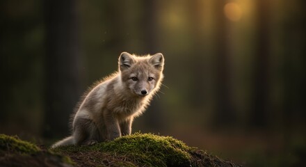 Arctic Fox Kit Sitting on Moss in Forest Golden Light