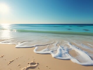 Golden sandy beach with gentle ocean waves under a bright sun, creating a peaceful summer seascape perfect for relaxation, vacation, and natural coastal beauty

