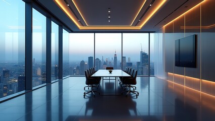 "ultra-modern corporate meeting room with large glass windows, panoramic city skyline view, sleek minimal furniture, LED lighting, high-end interior design, realistic style, symmetrical composition, 8