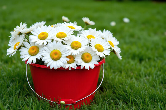 red bucket filled with white daisies sitting in the grass