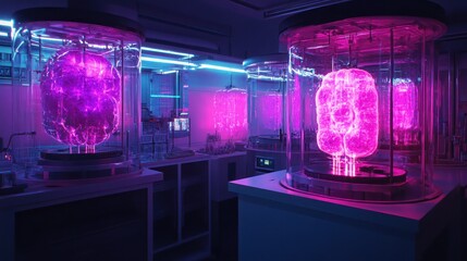 Human Brains Suspended in Cylindrical Glass Tanks in a Futuristic Laboratory