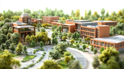 Modern University Campus Landscape with Lush Greenery and Architectural Design in Realistic Photography Style