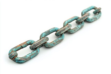 Obraz premium Rusty teal chain links against a white background.