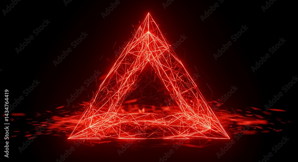 Poster glowing red triangle with mesh on black background abstract design