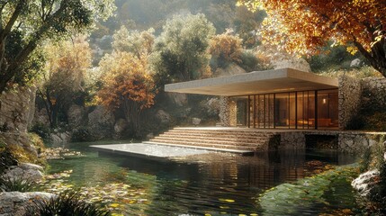 Obraz premium Modern Water-Powered Microgrid Solutions in a Scenic Natural Setting with Autumn Foliage and Tranquil Water Features