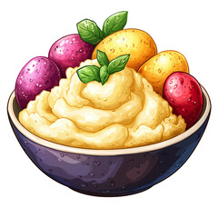 Delicious mashed potatoes with colorful eggs kitchen food art cozy overhead culinary delight