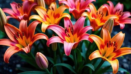 Bold, stylized lilies in vibrant hues, densely packed, floral, art