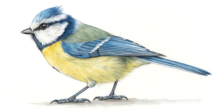 A watercolor painting of a blue tit bird standing on a white background in a side profile view