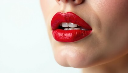 Obraz premium Close-up vibrant red lipstick, pristine white backdrop, focus, gloss