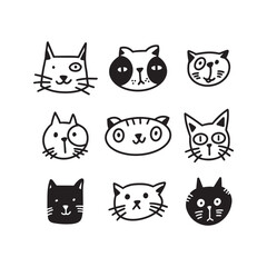 cat doodle hand drawn icon set. Outline drawing cat face line clipart symbol. Vector illustration.
