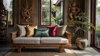 Cozy living room with a wooden sofa, colorful pillows, wooden carvings, and a plant creating a warm ambiance.