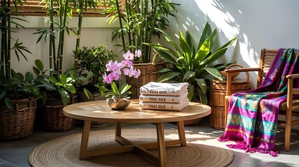 Fototapeta premium Beautifully decorated balcony with a wooden table, stacked Thai silk, a wooden chair, plants, and an orchid, bathed in bright light.