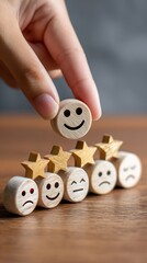 Hand placing a happy face emoticon on top of a row of feedback emoticons
