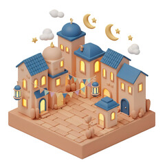 Charming Colorful Village at Night with Lanterns and Bunting Decorations