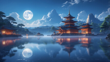 Obraz premium Tranquil Night Scene with Illuminated Pagoda