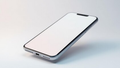 Floating smartphone with blank screen on white, studio, clean