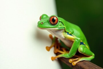 Naklejka premium Green tree frog perched on white, vibrant detail, herpetology, clean