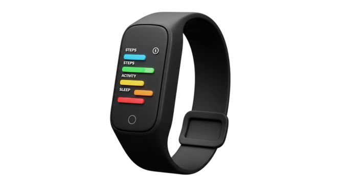 Social icons, advertising icons, business icons  a close up shot of a black fitness tracker displaying steps activity and sleep on a black background