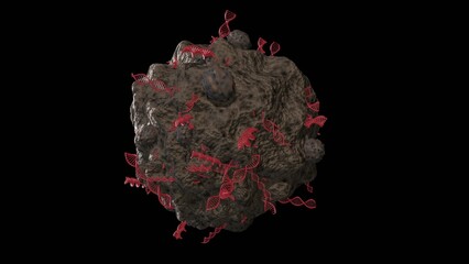 Asteroid, meteorite with DNA molecules. Space rock emitting DNA molecules. Microscopic particle with DNA fragments. Space rock releasing DNA. 3d render
illustration.