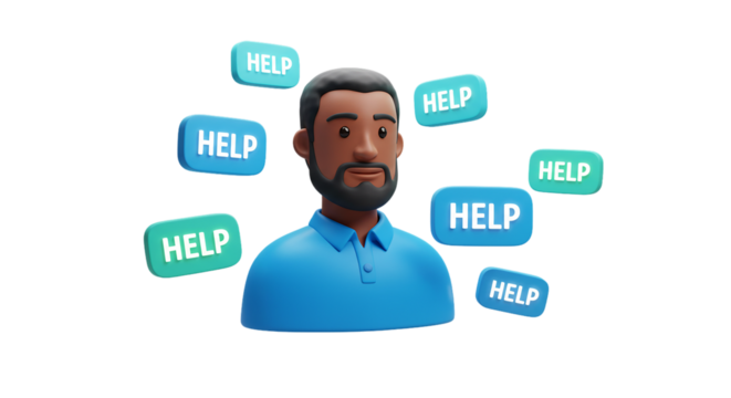 Social icons, advertising icons, business icons  a man surrounded by help buttons in a rendered image with a black background and blue polo shirt on man