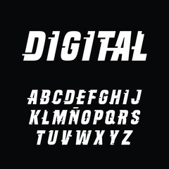 Vector digital font, style distorted glitch typeface, font digital. illustration.