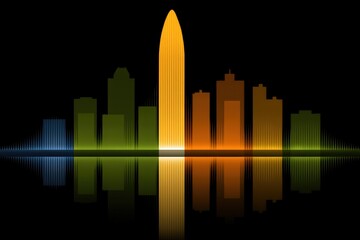 Obraz premium Digital skyline silhouette with soundwave elements and vibrant colors.