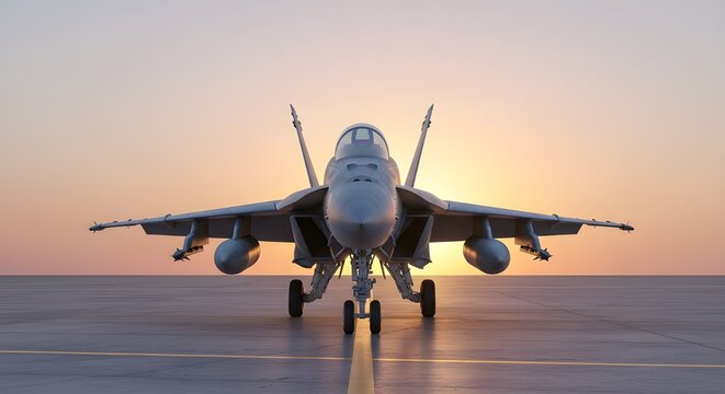 A frontal picture of an F A 18 Hornet fighter jet in the setting sun. Generative AI
