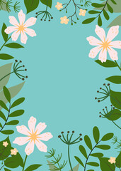 Minimal Botanical Floral Frame – Green Leaves and White Flowers on Blue Background. Ideal for wedding invitations, greeting cards, posters, and social media designs. High-quality vector.