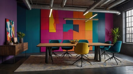 "creative team meeting room with bold colorful walls, abstract artwork, modern industrial furniture, brainstorming space, stylish lighting, energetic vibe, cozy and collaborative, photorealistic