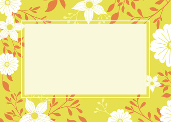 Fototapeta premium Minimal Botanical Floral Frame – Orange Leaves and White Flowers on Yellow Background. Ideal for wedding invitations, greeting cards, posters, and social media designs. High-quality vector.