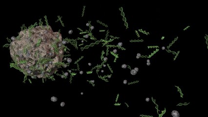 Asteroid, meteorite with DNA molecules. Space rock emitting DNA molecules. Microscopic particle with DNA fragments. Space rock releasing DNA. 3d render
illustration.