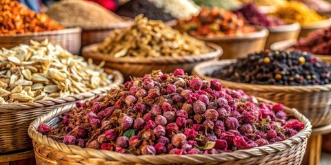 Fototapeta premium Dried Malva Sylvestris Petals Herbal Tea Texture Background - Dry Flower Buds Market Sale