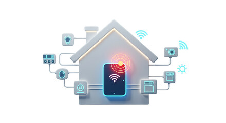 Social icons, advertising icons, business icons  a stylized house with a central hub connected to various smart home devices on a black background