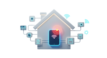 Social icons, advertising icons, business icons  a stylized house with a central hub connected to various smart home devices on a black background