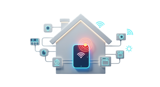 Social icons, advertising icons, business icons  a stylized house with a central hub connected to various smart home devices on a black background