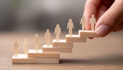 Arranging Miniature Wooden Figures Ascending a Staircase Representing Career Progression