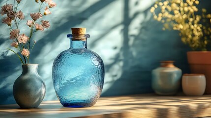 Blue Glass Bottle With Flowers