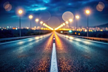 Fototapeta premium Empty Highway Night Bokeh, Asphalt Road, Night Drive, Lonely Road, Highway Scene, Bokeh Lights, Blurred Background, Dark Road, Night Photography,