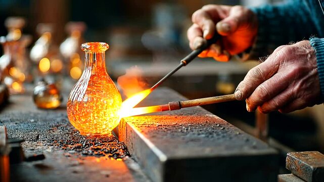 Artisan shaping glass vase with glowing molten material